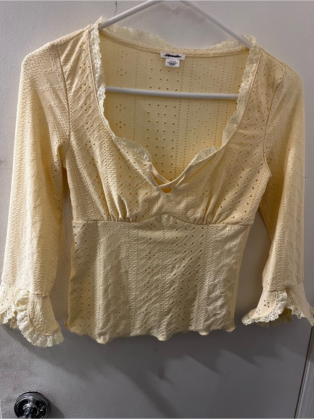 Ava & Viv Pale Yellow Eyelet Lace-Trim Peplum Top